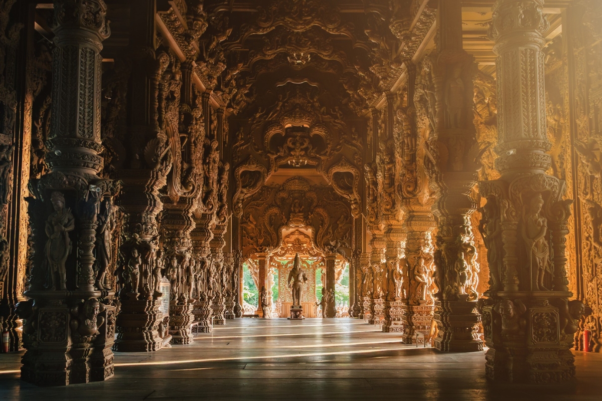intricately carved pillars within the sanctuary of truth