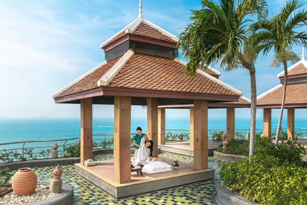 outdoor terrace overlooking sea at cliff spa