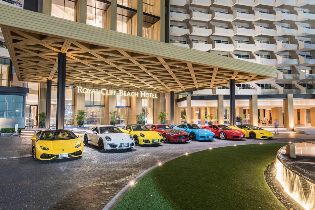 supercars parked in front of the royal cliff beach hotel in pattaya