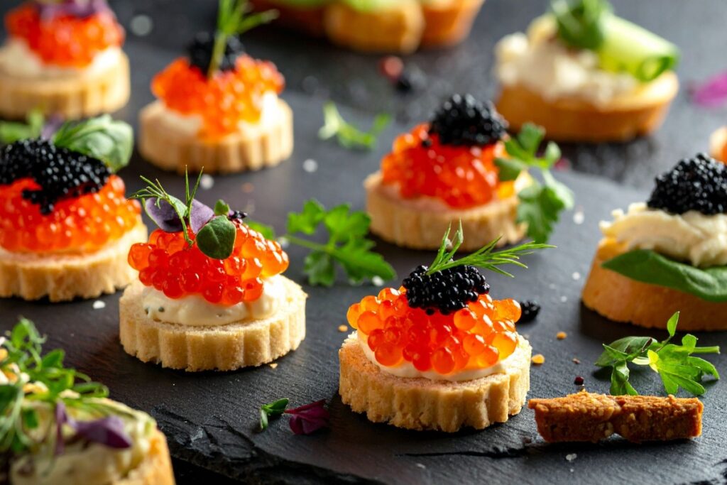caviar on fish eggs over crostini