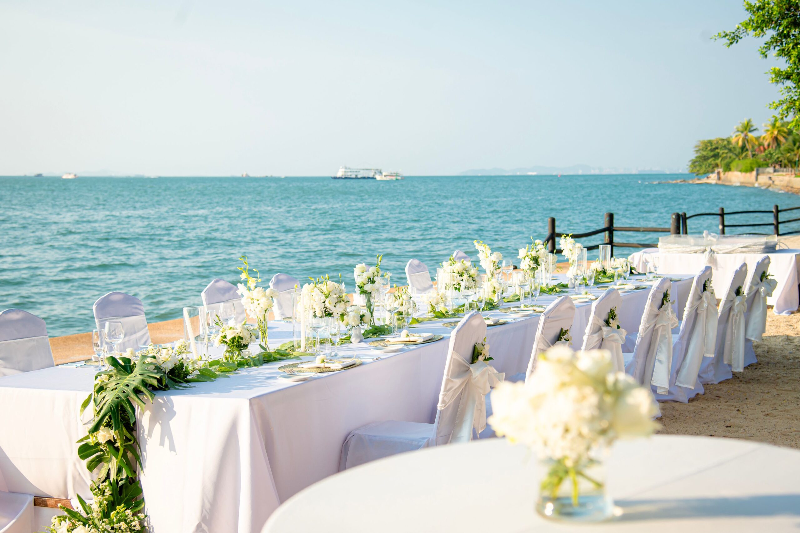 formal seated table at beach wedding
